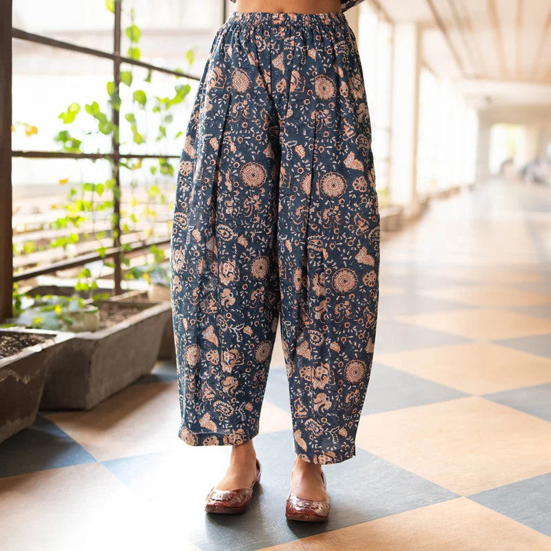 Cotton Printed Gathered Trousers for Women | Blue | Side Slit