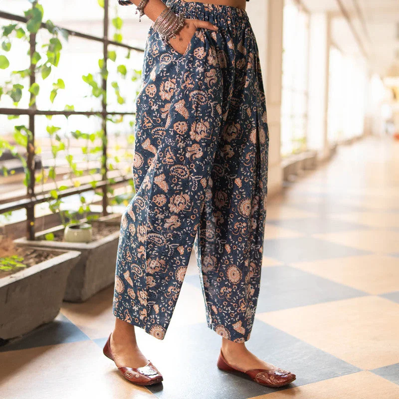 Cotton Printed Gathered Trousers for Women | Blue | Side Slit