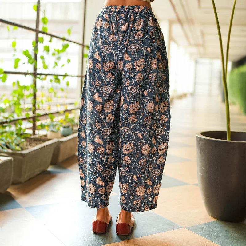 Cotton Printed Gathered Trousers for Women | Blue | Side Slit