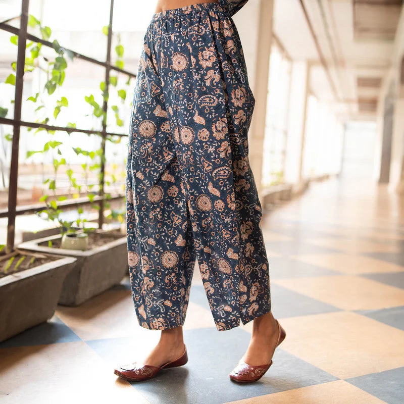 Cotton Printed Gathered Trousers for Women | Blue | Side Slit