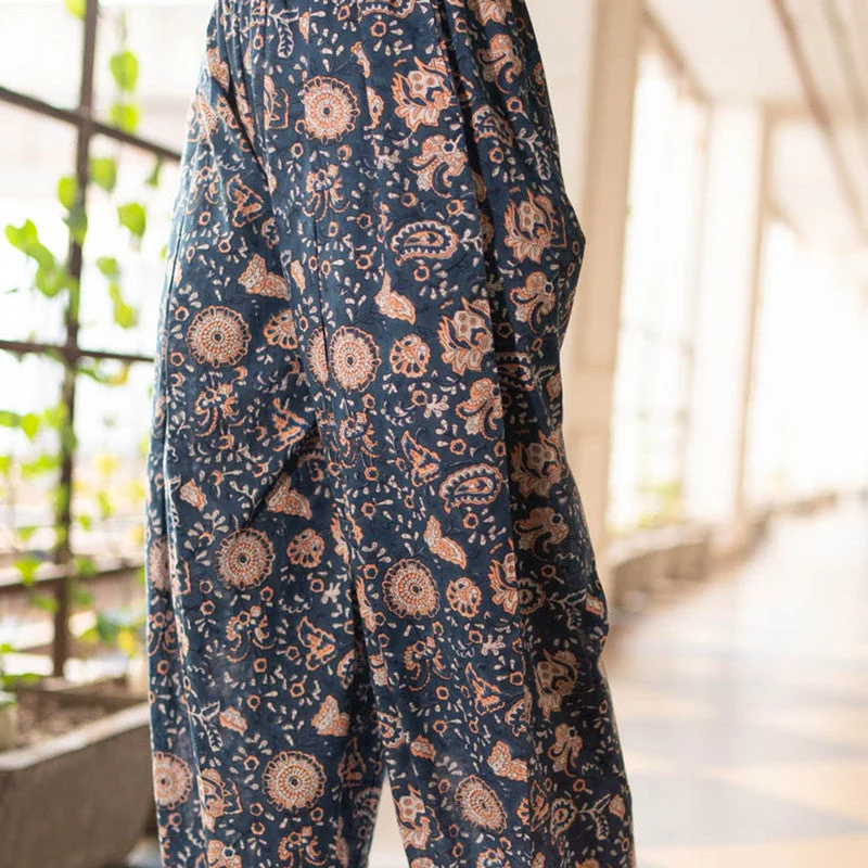 Cotton Printed Gathered Trousers for Women | Blue | Side Slit