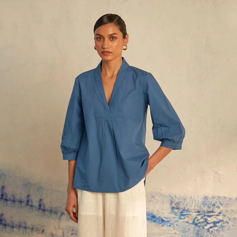 Cotton Poplin Top for Women | Blue | U-Cut Hemline