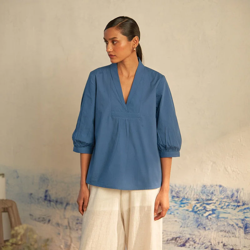 Cotton Poplin Top for Women | Blue | U-Cut Hemline