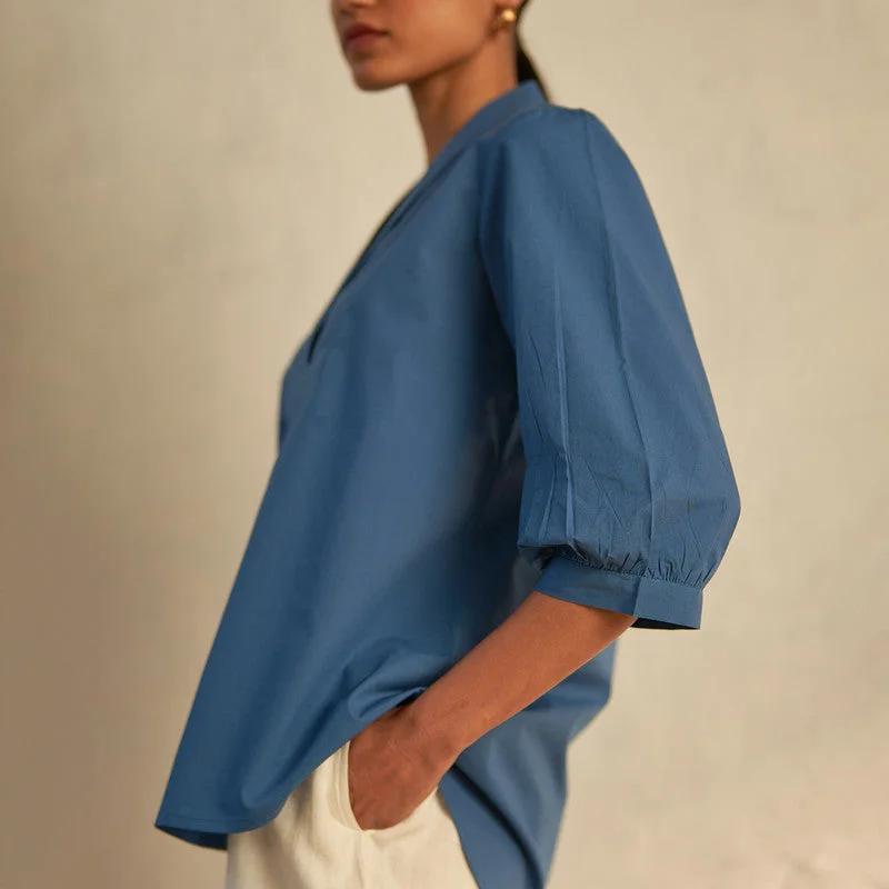 Cotton Poplin Top for Women | Blue | U-Cut Hemline