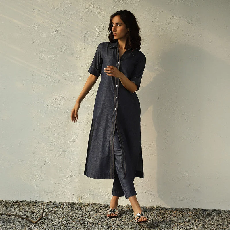 Cotton Denim Shirt Dress for Women | Navy Blue