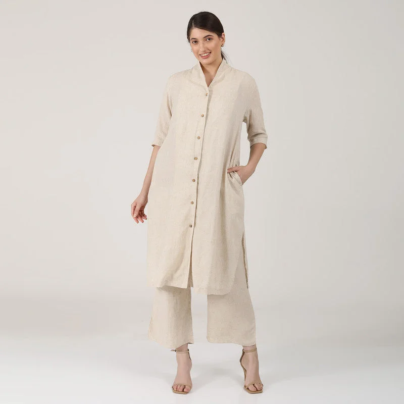 Linen Long Shirt Co Ord Set | Beige