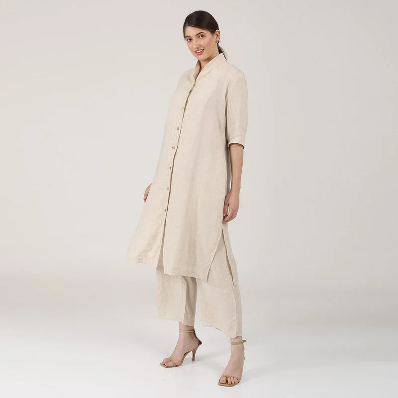 Linen Long Shirt Co Ord Set | Beige