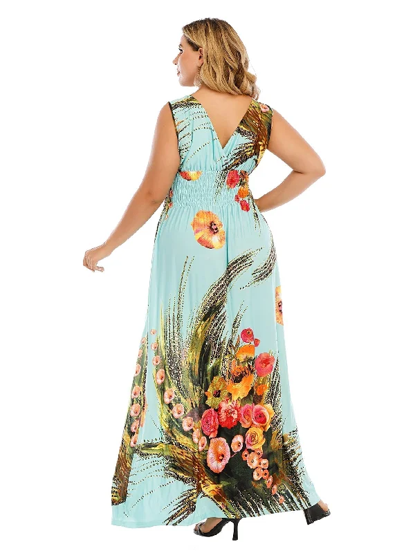 KittenAlarm - Plus Size Surplice Neck Smocked Waist Maxi Dress