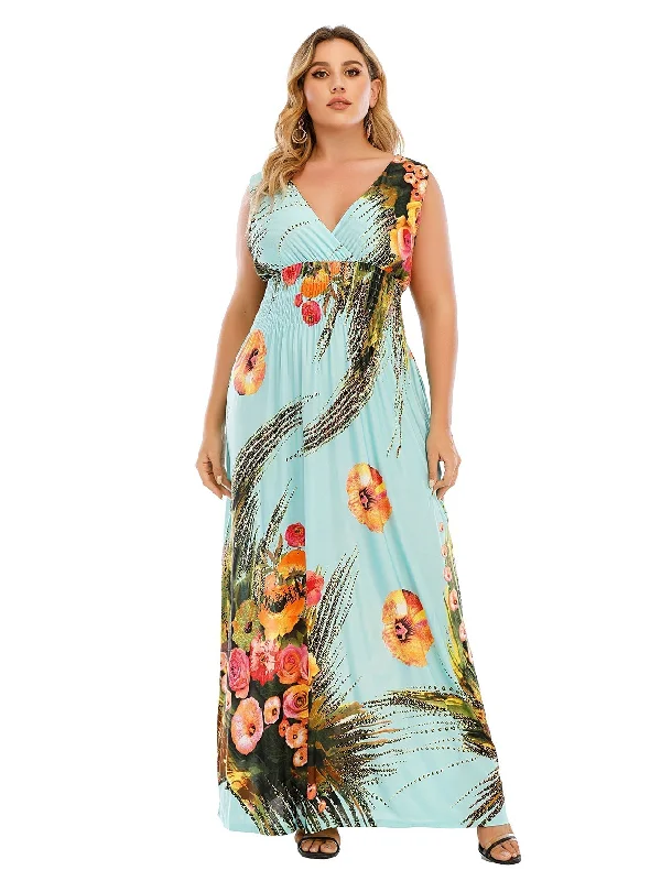 KittenAlarm - Plus Size Surplice Neck Smocked Waist Maxi Dress