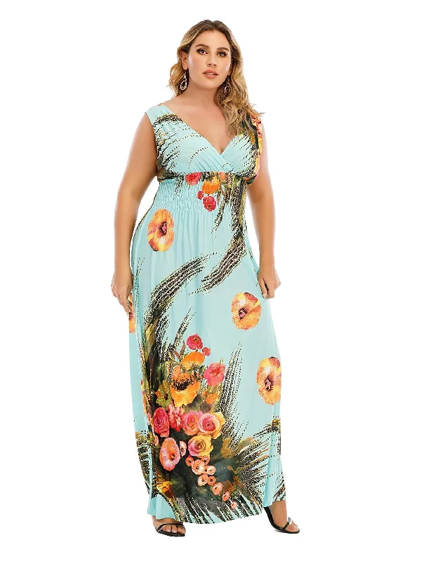 KittenAlarm - Plus Size Surplice Neck Smocked Waist Maxi Dress