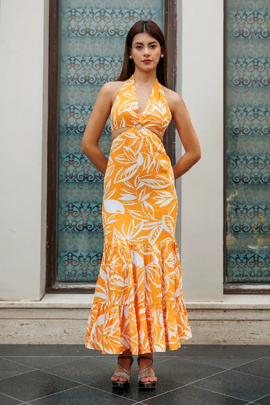 Adore you - halterneck ring detail maxi dress in orange