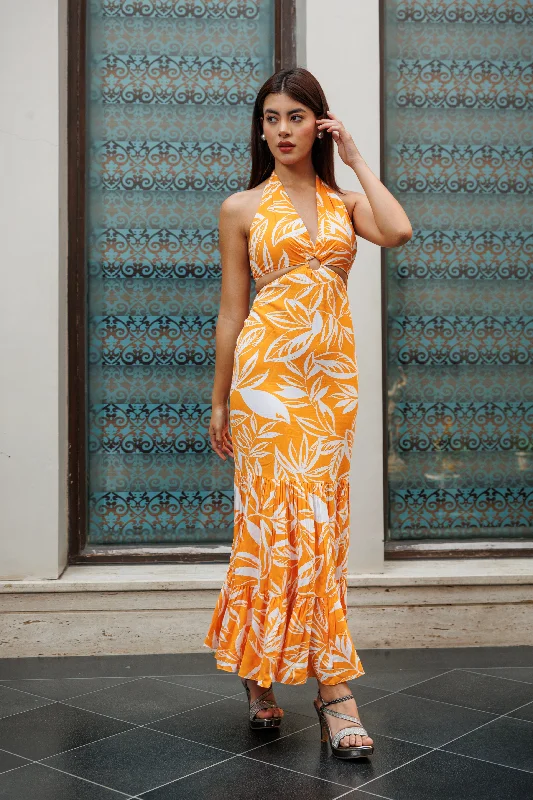 Adore you - halterneck ring detail maxi dress in orange