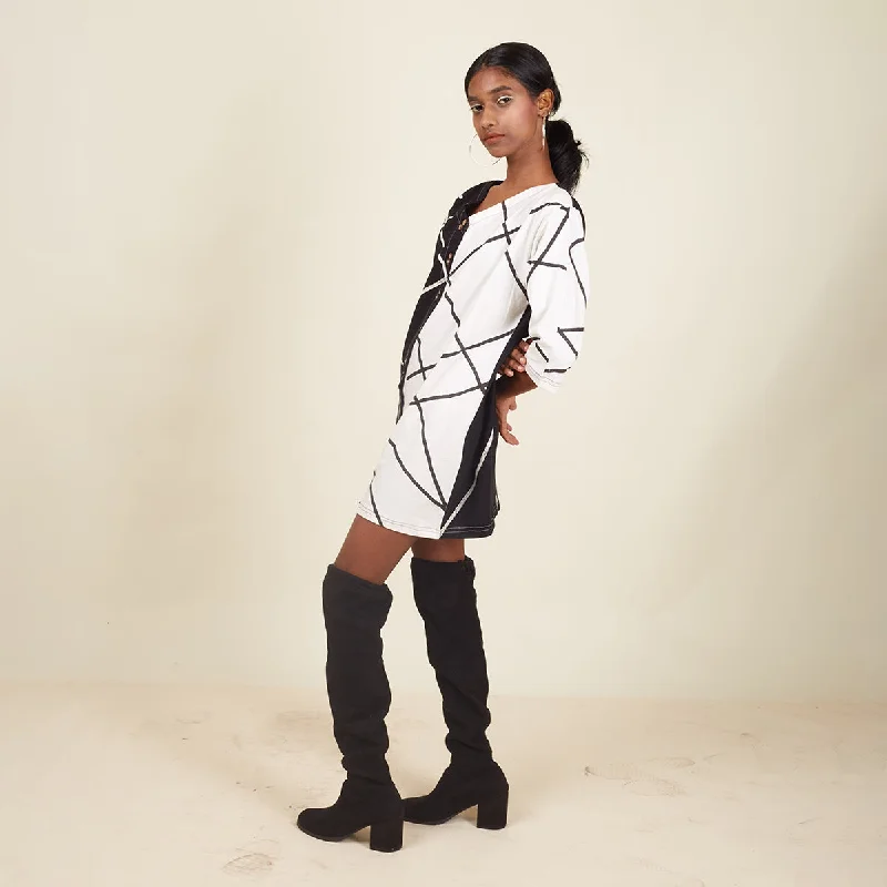 Cotton Monochrome Dress for Women | Hand block Printed Lines | Black & White