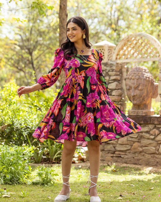 Black Aquarelle Floral Tiered Dress