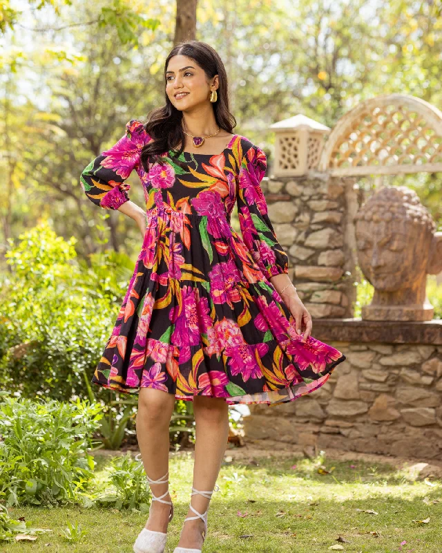 Black Aquarelle Floral Tiered Dress