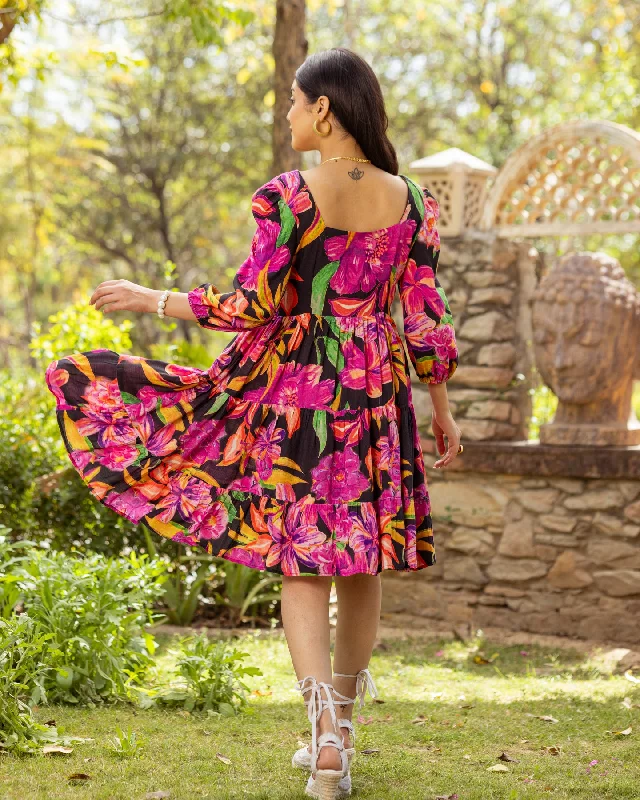 Black Aquarelle Floral Tiered Dress