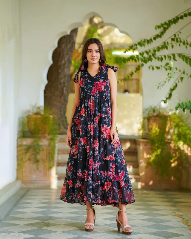 Black Tiered & Floral Tie-up Dress