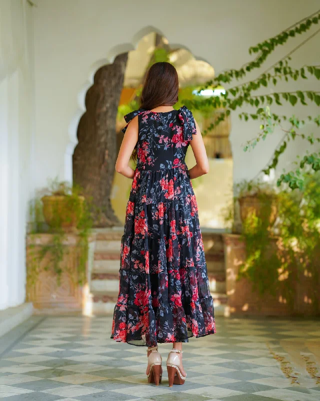 Black Tiered & Floral Tie-up Dress