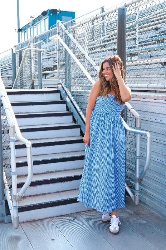 BLUE AND WHITE GINGHAM MAXI DRESS