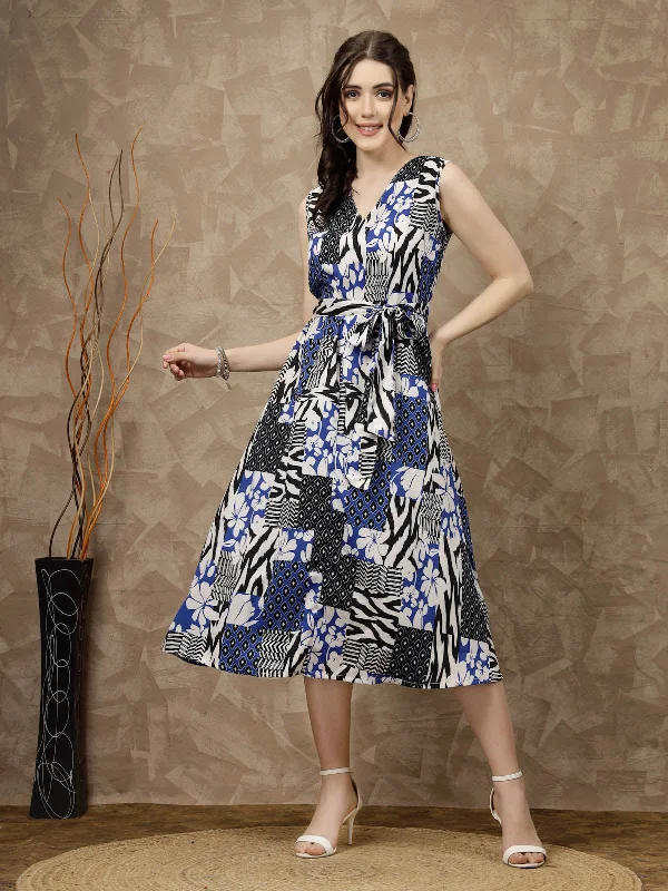 Blue Floral Printed A-Line Midi Dress