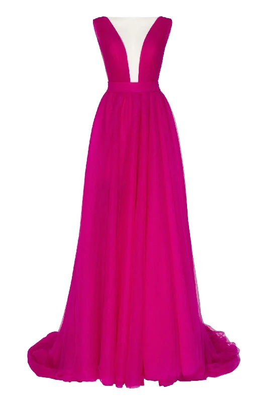 Fuchsia Bow-Back Maxi Evening Tulle Dress