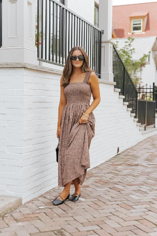 Brown Floral Print Smocked Maxi Dress