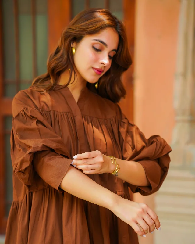 Brown Solid & Tiered Short Dress