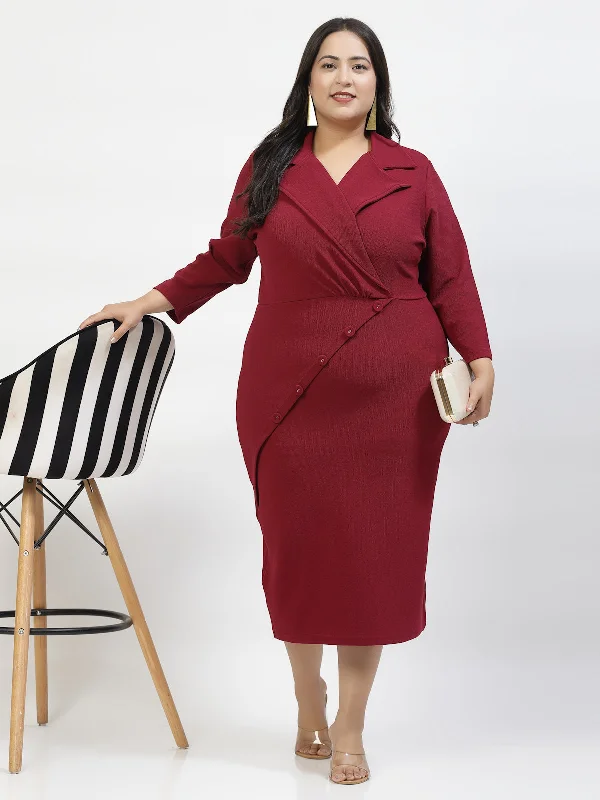 Burgundy Long Sleeves Midi Dress