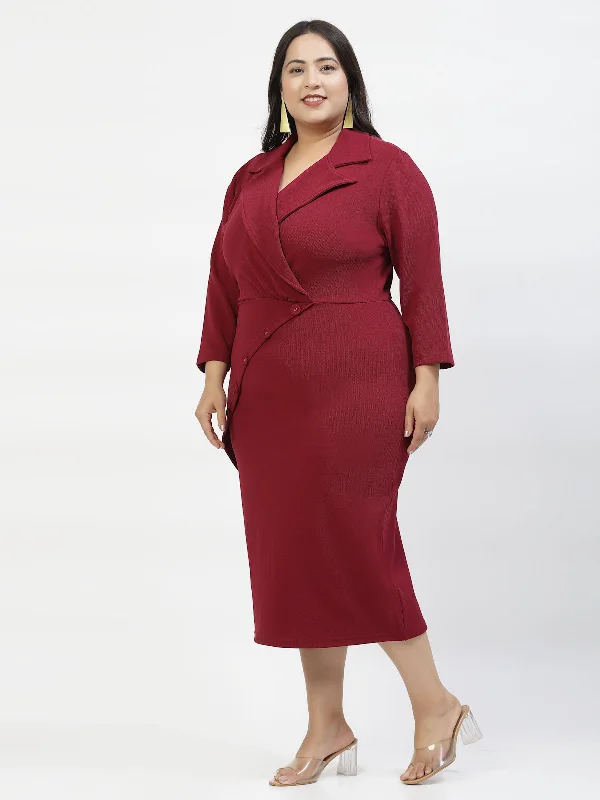 Burgundy Long Sleeves Midi Dress