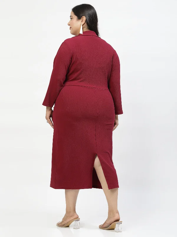 Burgundy Long Sleeves Midi Dress