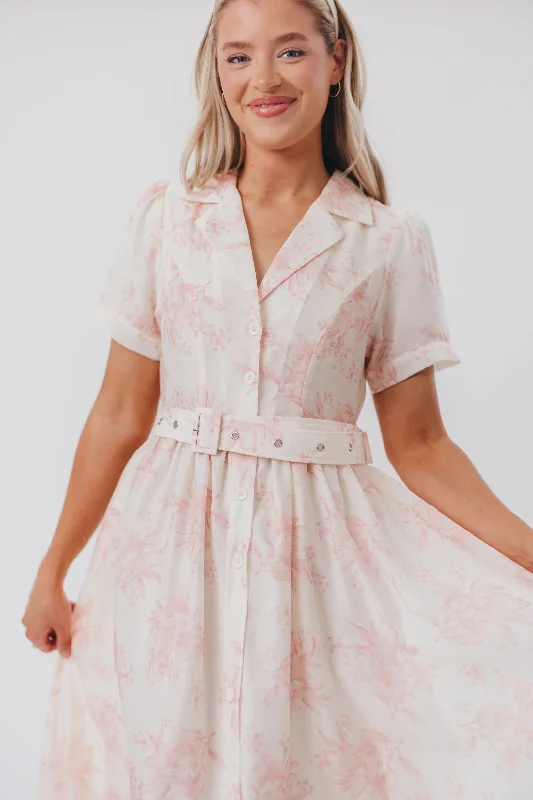 Gracie Button Down Midi Dress with Belt in Pink Floral - Nursing Friendly