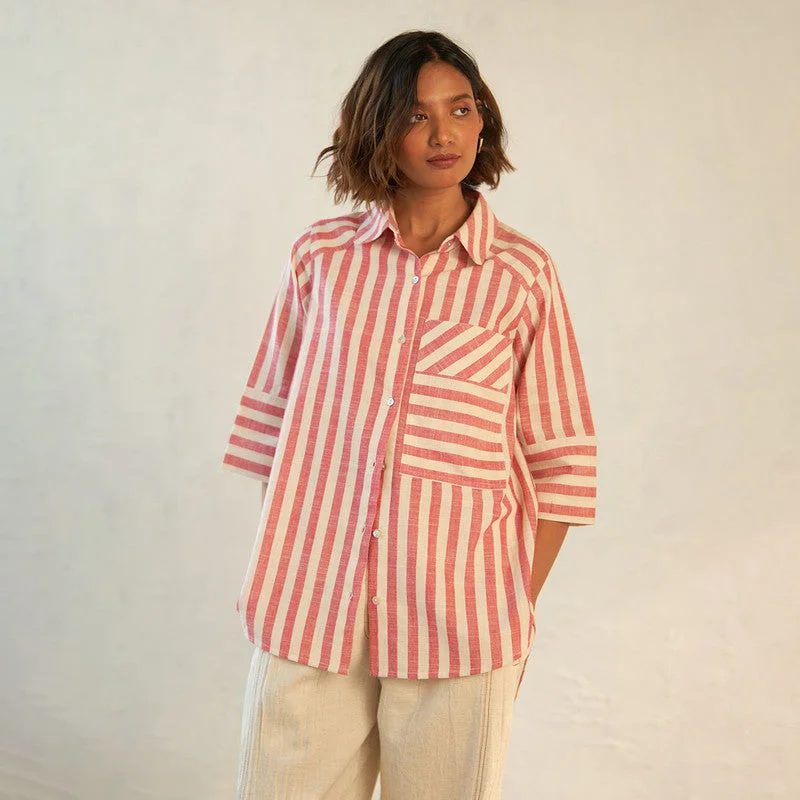 Cotton Block Print Shirt for Women | Striped | Red & White