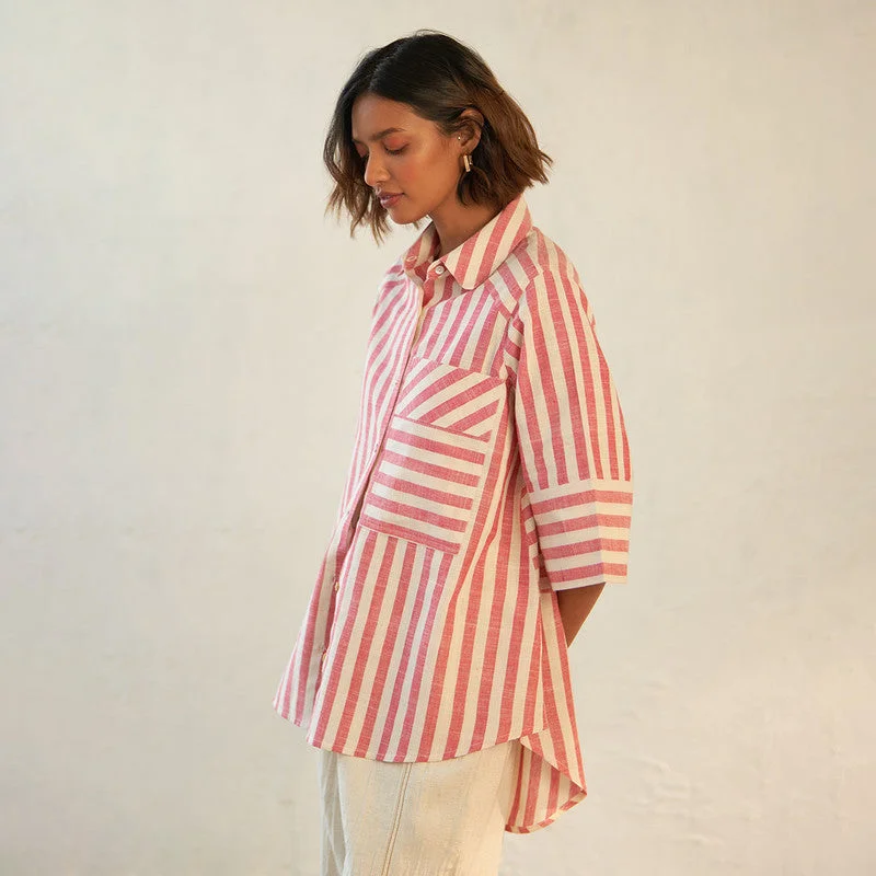 Cotton Block Print Shirt for Women | Striped | Red & White