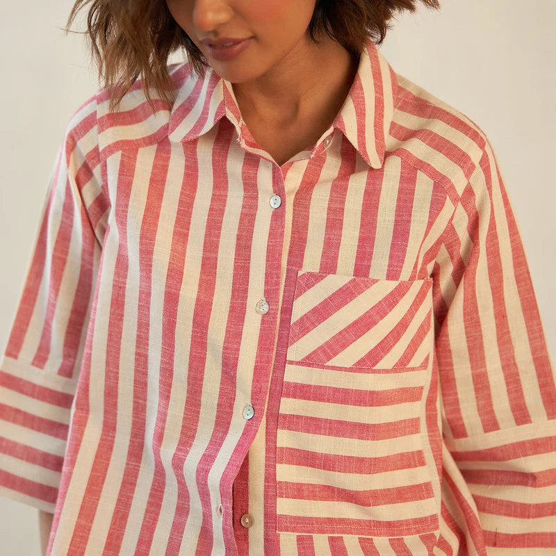 Cotton Block Print Shirt for Women | Striped | Red & White