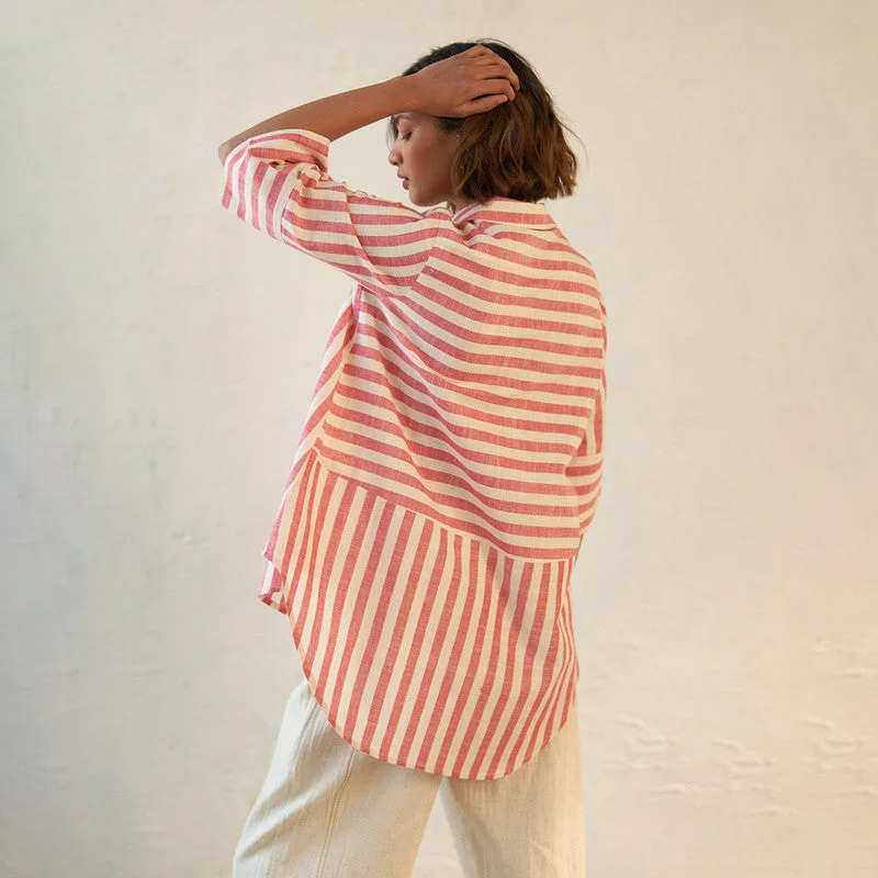 Cotton Block Print Shirt for Women | Striped | Red & White