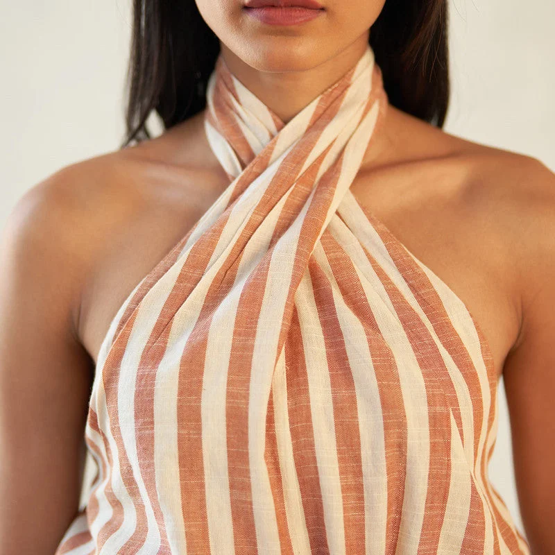 Cotton Halter Neck Striped Top | Brown | Button Closure