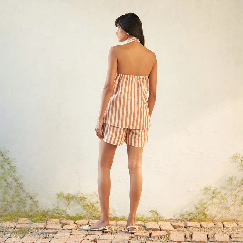 Cotton Halter Neck Striped Top | Brown | Button Closure