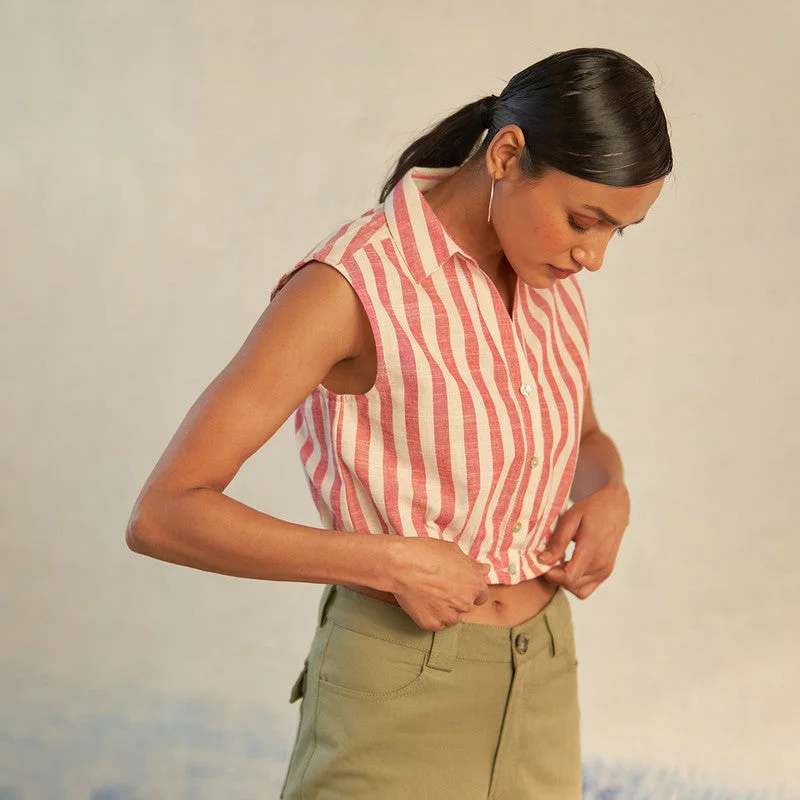 Cotton Poplin Crop Shirt for Women | Red & White | Sleeveless