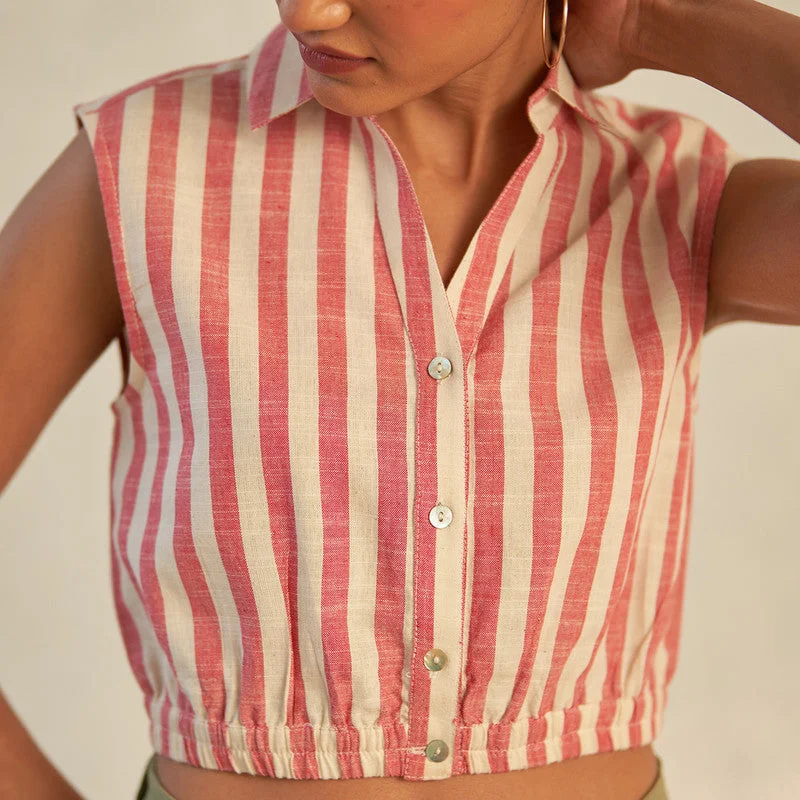 Cotton Poplin Crop Shirt for Women | Red & White | Sleeveless