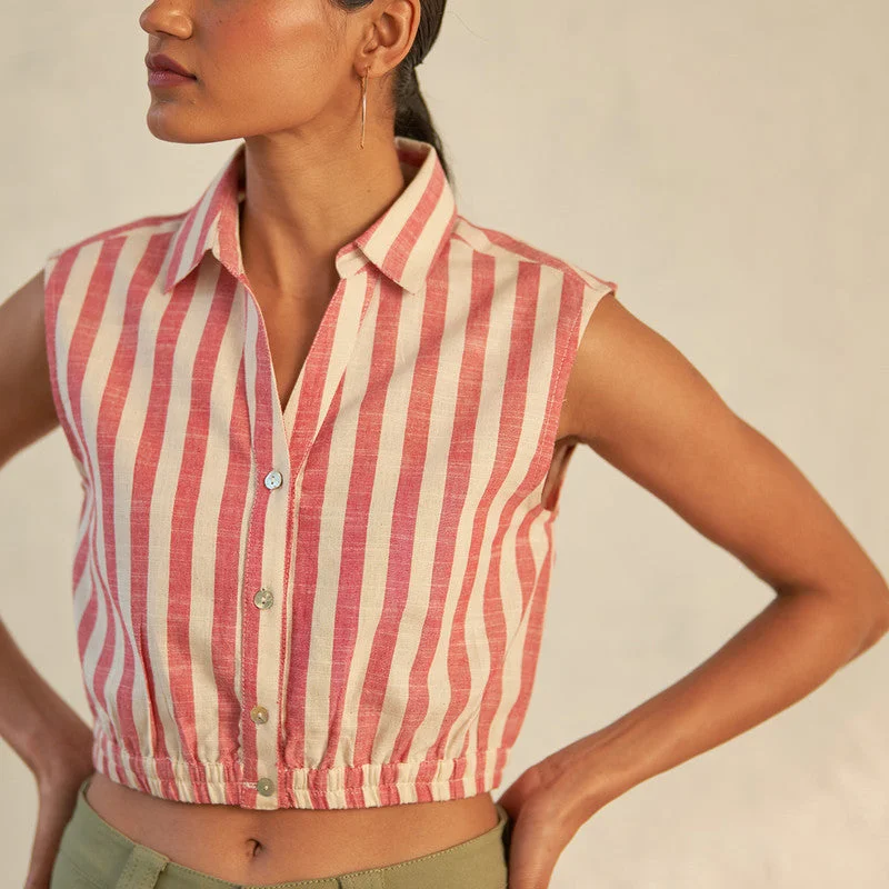 Cotton Poplin Crop Shirt for Women | Red & White | Sleeveless