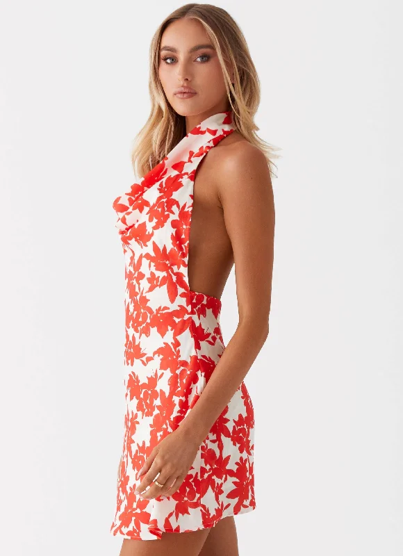 Carmine Bouquet Cowl Neck Mini Dress - Red Floral