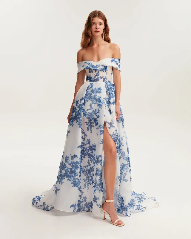 Catchy off-the-shoulder blue hydrangea maxi dress, Garden of Eden