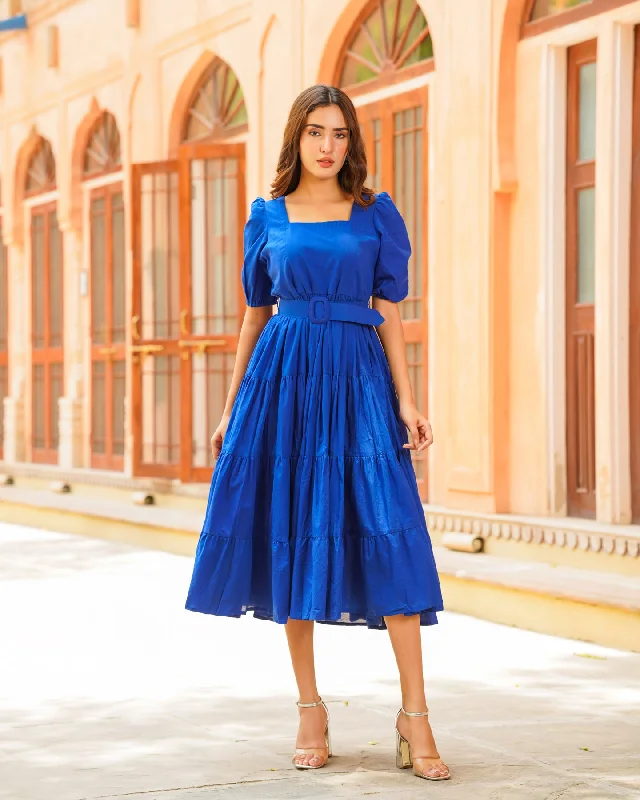 Cobalt Blue Solid Tiered Dress