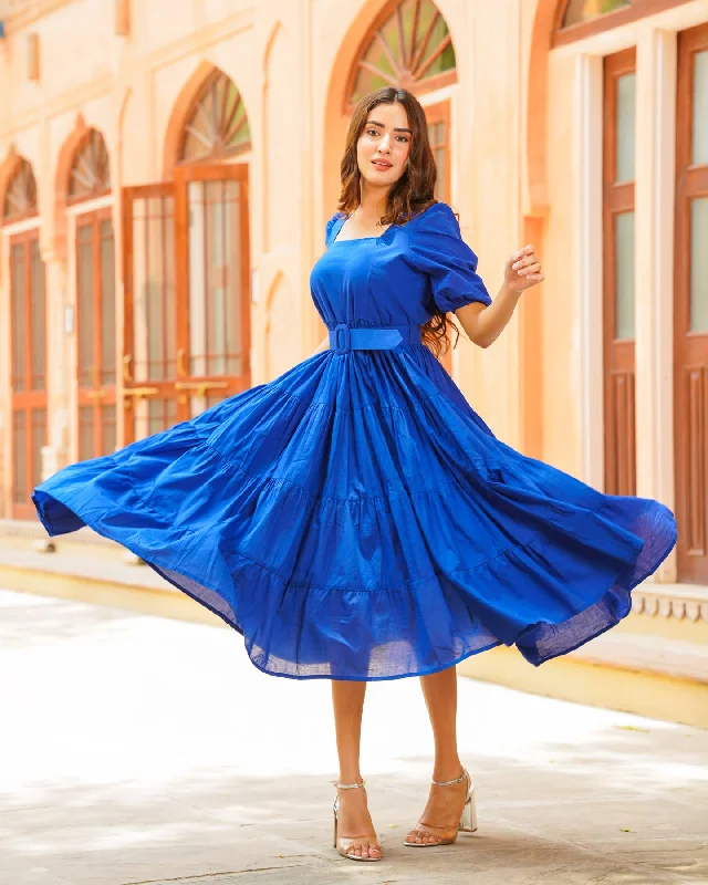 Cobalt Blue Solid Tiered Dress