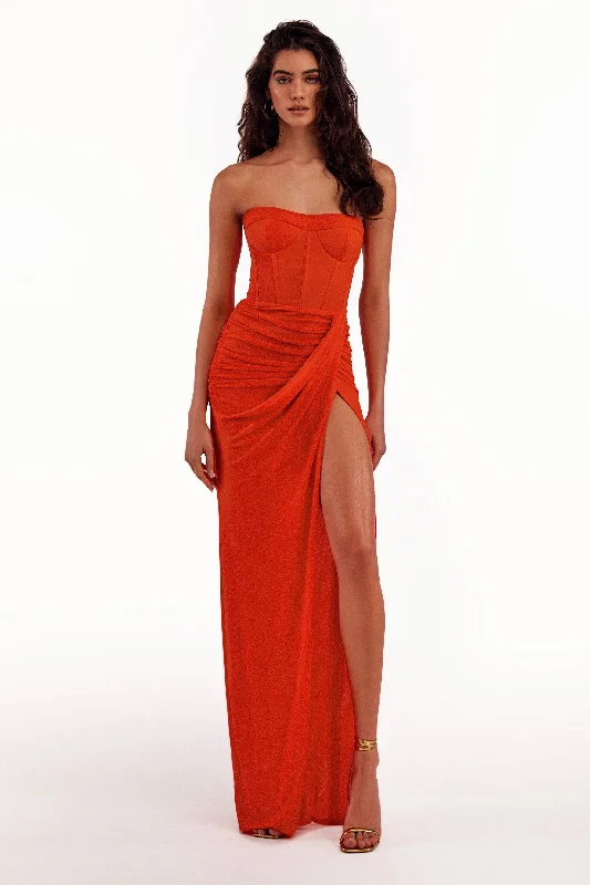 Coral blazing off-the-shoulder maxi dress