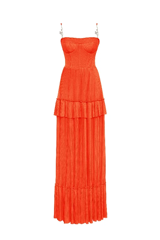 Coral spaghetti strap pleated maxi dress, Garden of Eden