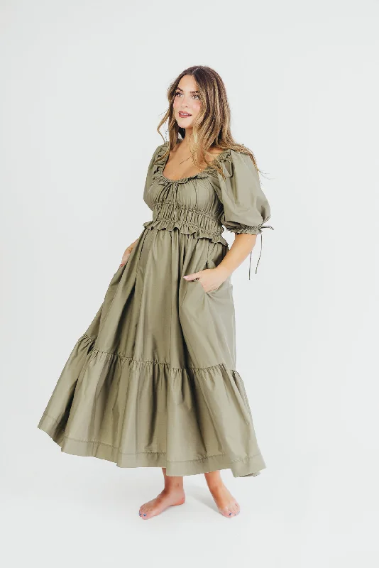 Crissy Cotton Poplin Ruched Midi Dress in Dusty Olive