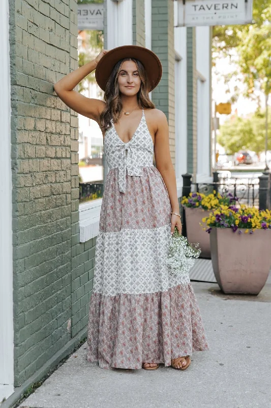 Cream Color Block Halter Maxi Dress