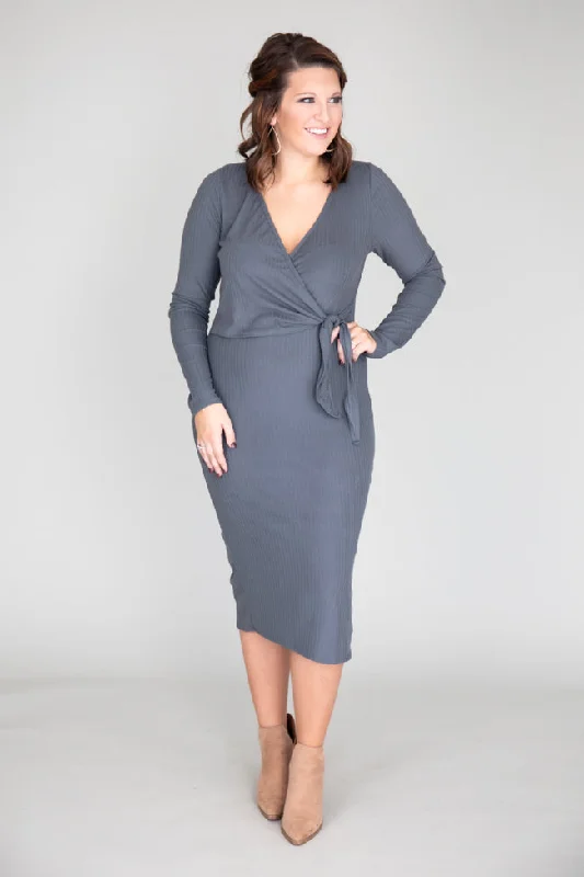 Daring Heart Ribbed Midi Grey Dress SALE