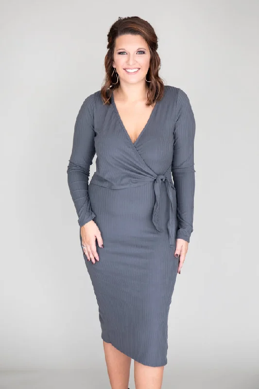 Daring Heart Ribbed Midi Grey Dress SALE